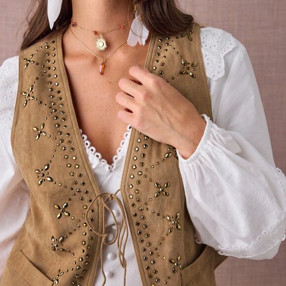 Brown Casual Women's Rhinestone Decor Western Style Front Tie Vest Jacket - Picture 3 of 8